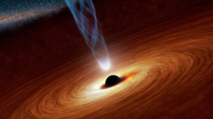 imagen artística de un agujero negro absorbiendo material y con un jet visible, por NASA JPL-Caltech